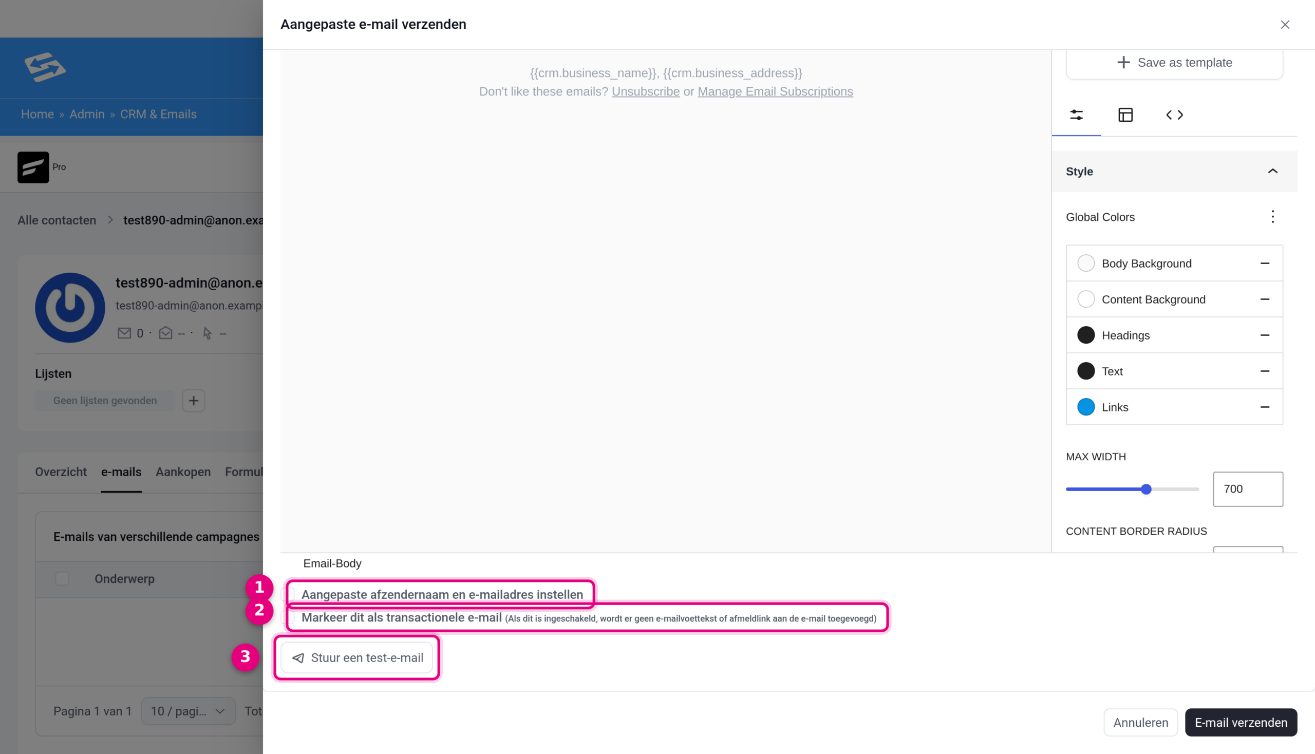 The Send custom email window with the Mark this as a transactional email tick box