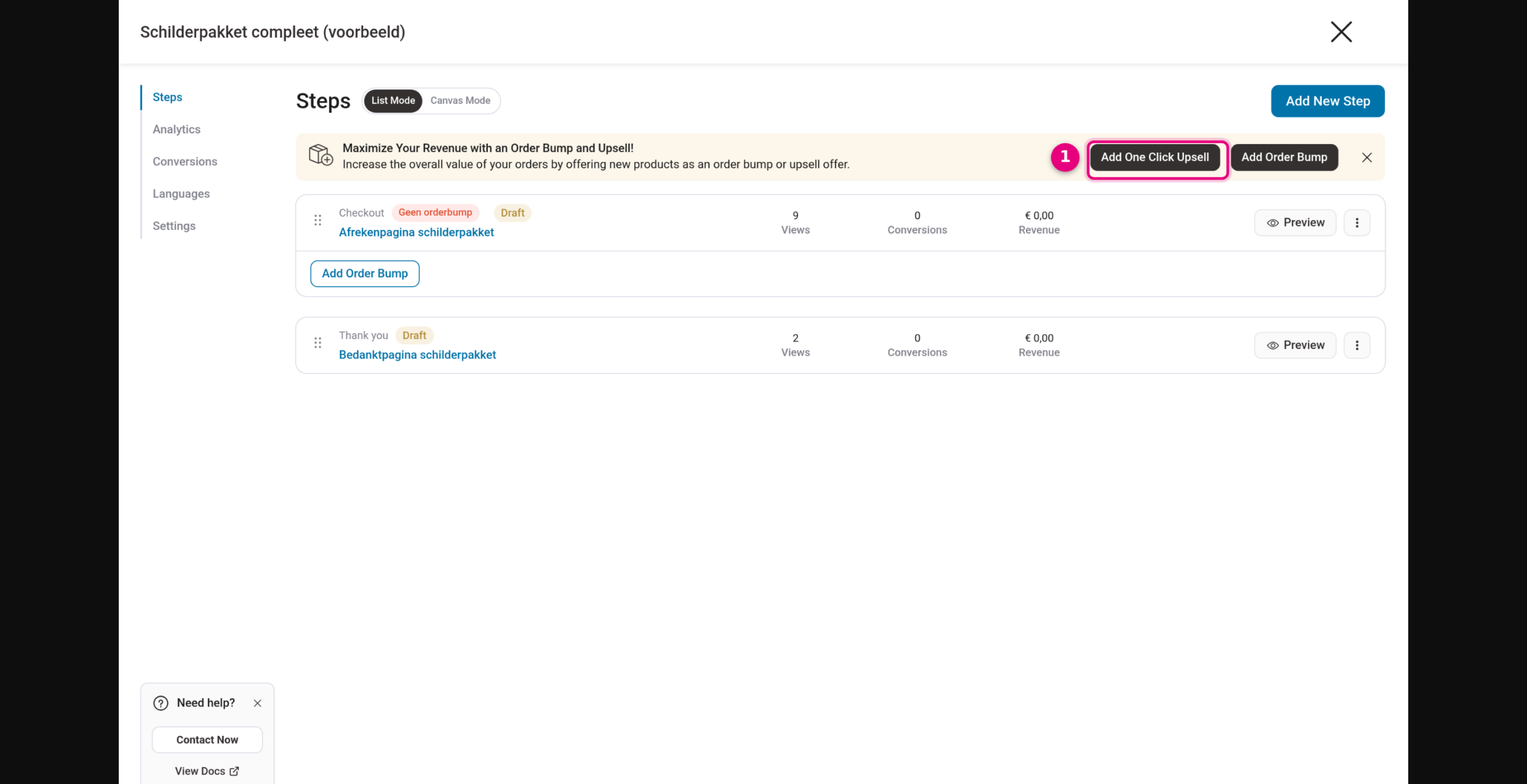 The Add One Click Upsell button above the funnel steps