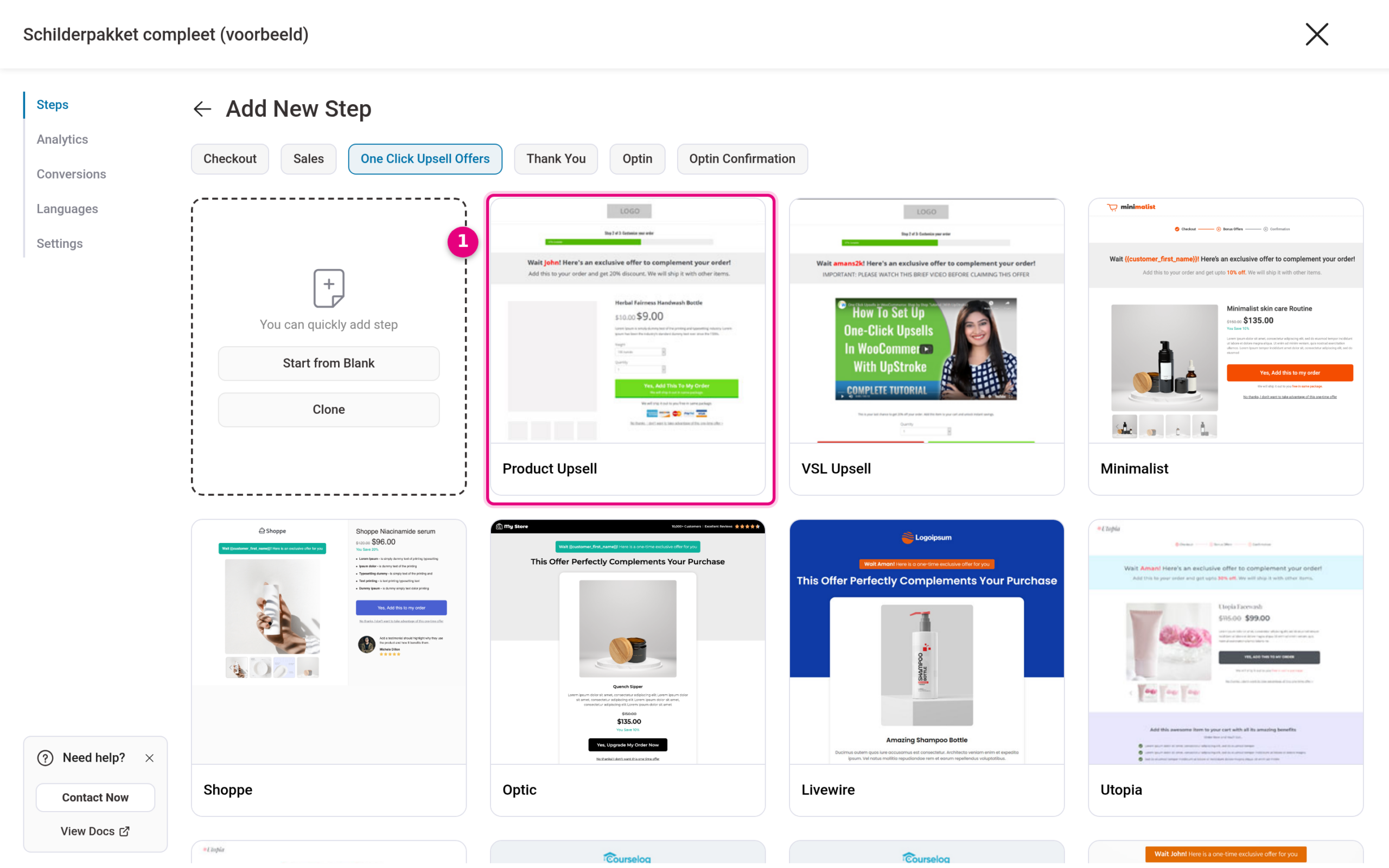 The template gallery with upsell templates