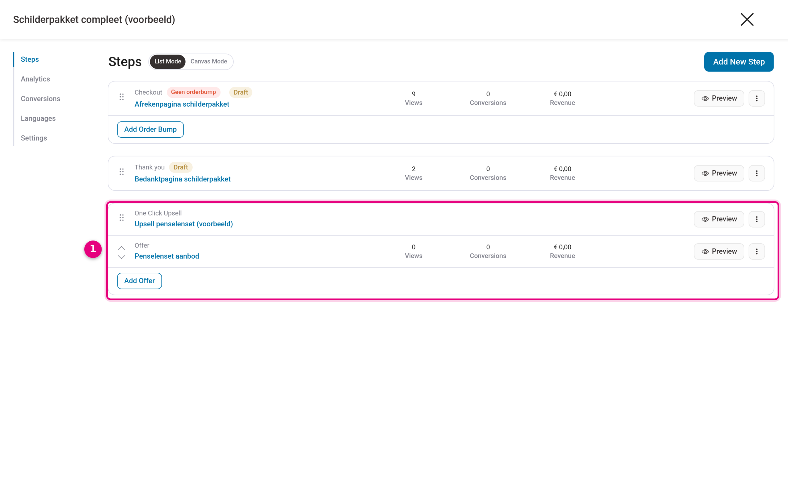 The upsell step with the offer in the step overview