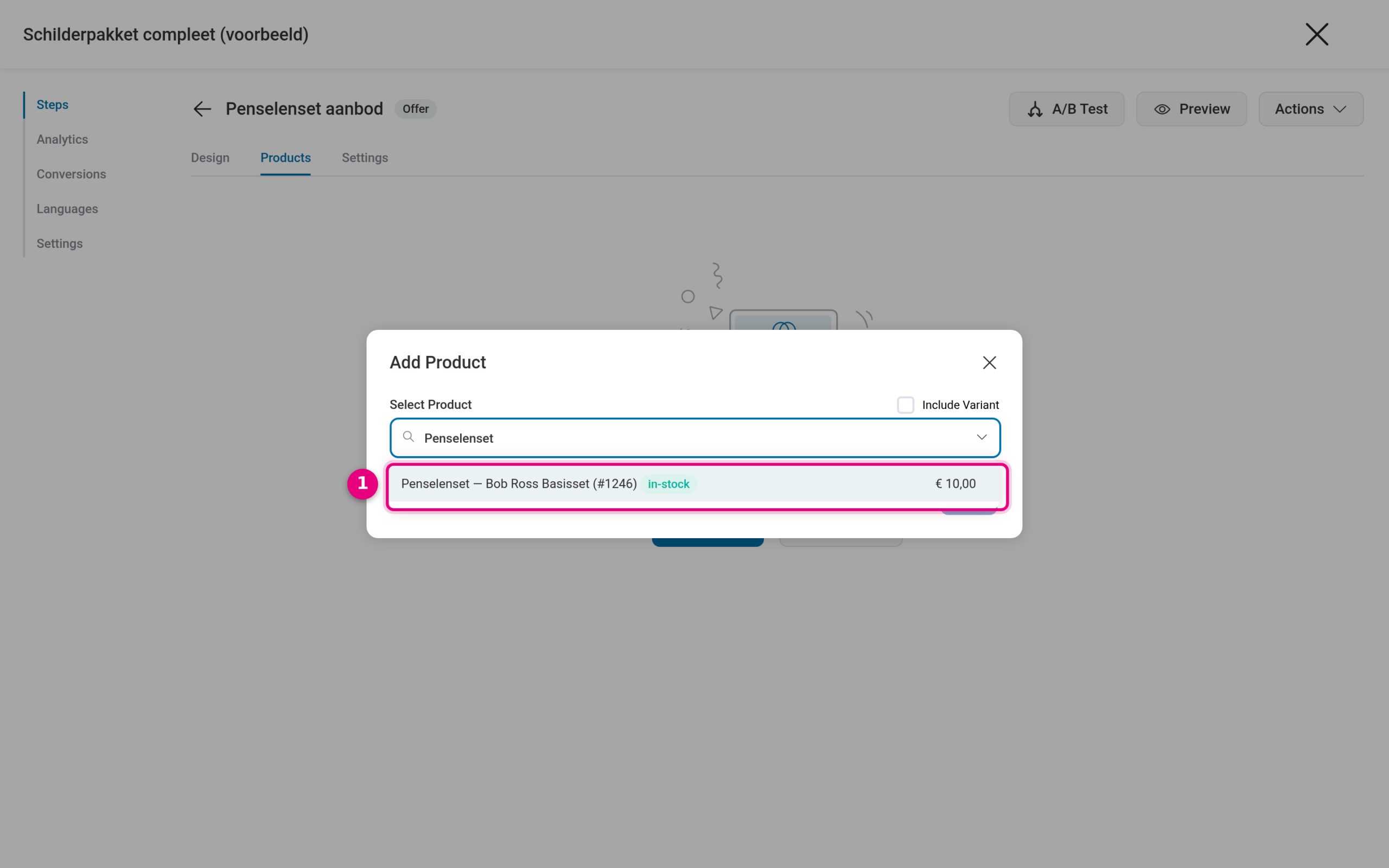 Searching for a product and adding it to the upsell offer