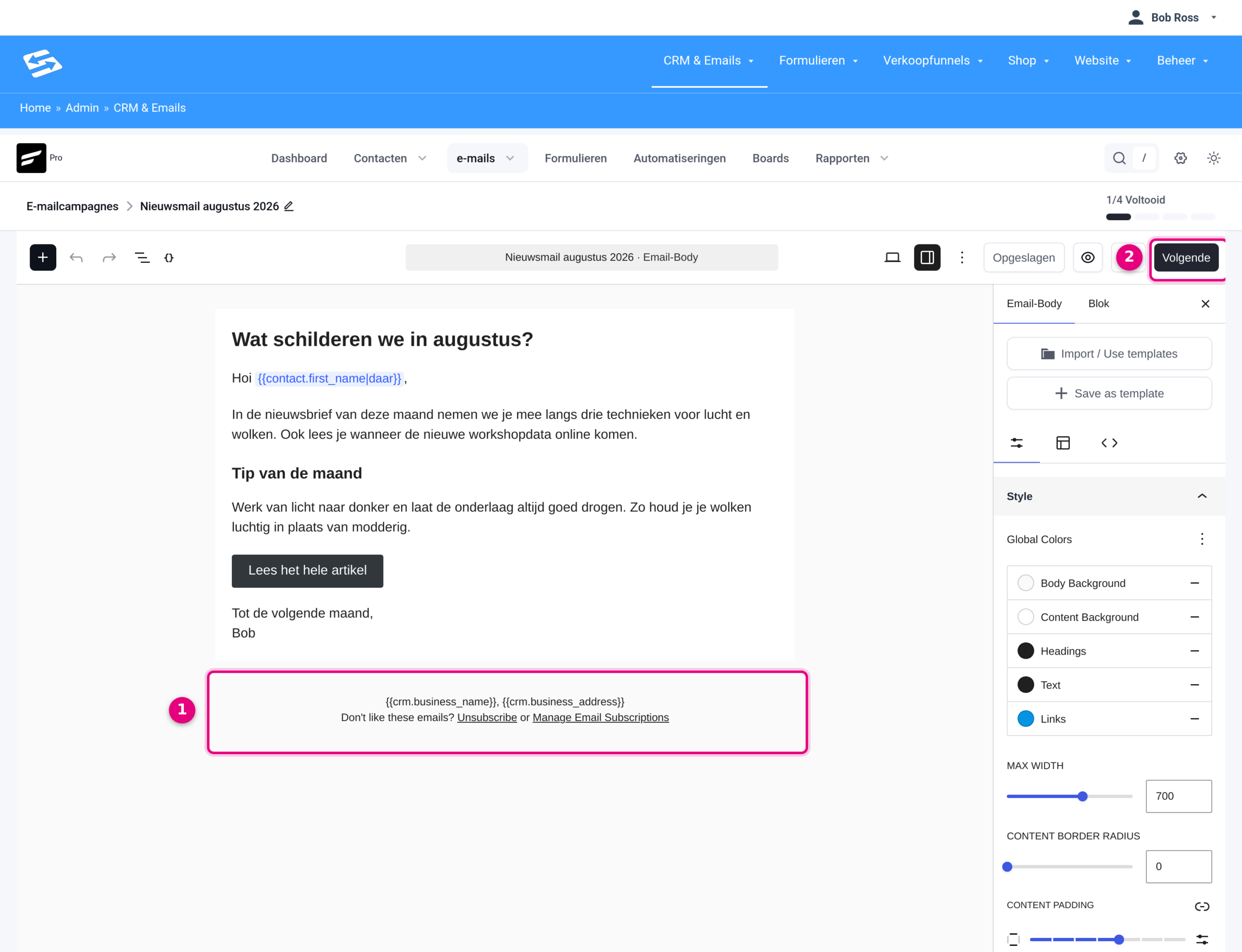 The block editor of a campaign with the footer at the bottom of the email