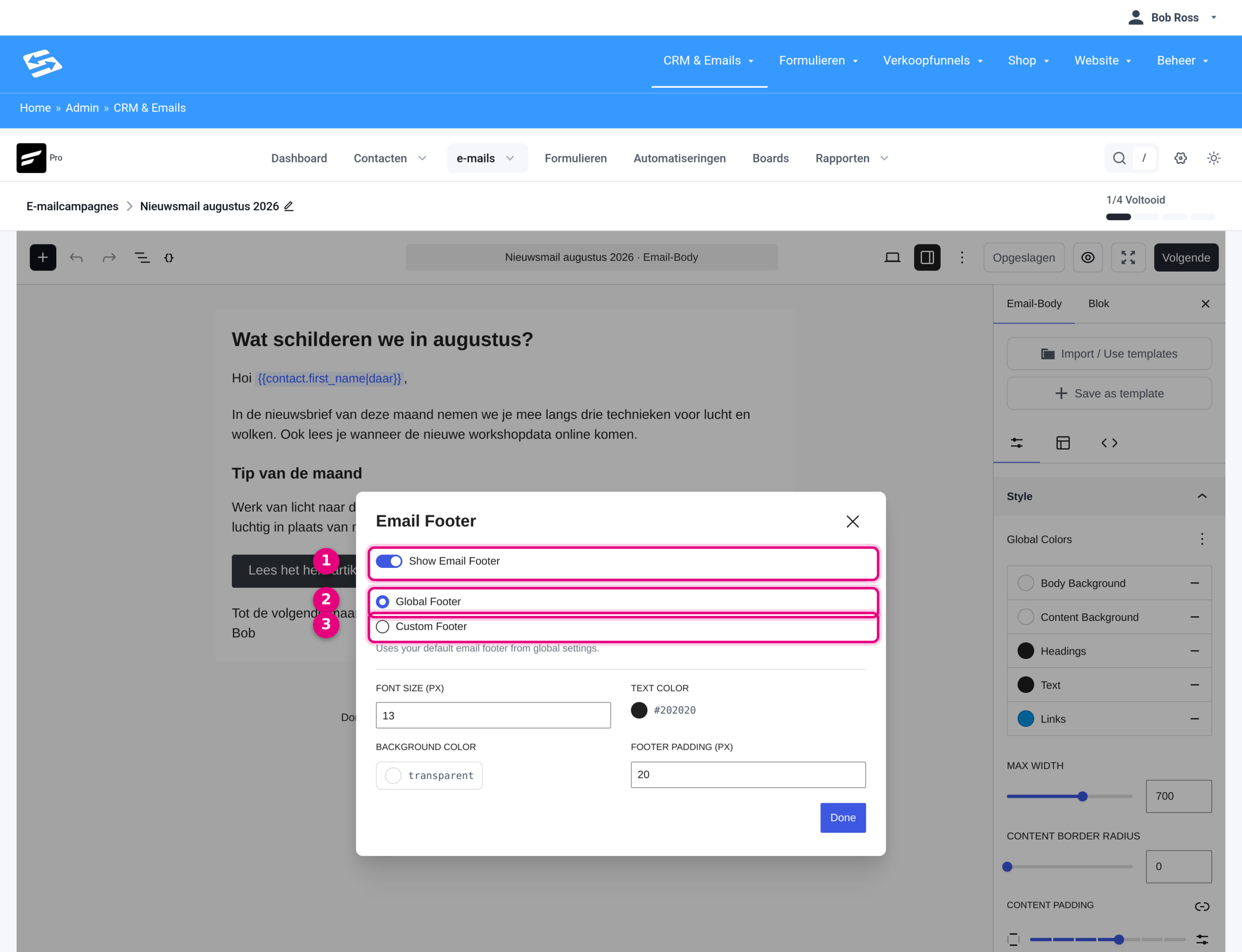 The Email Footer window with the Show Email Footer switch and the Global Footer or Custom Footer choice