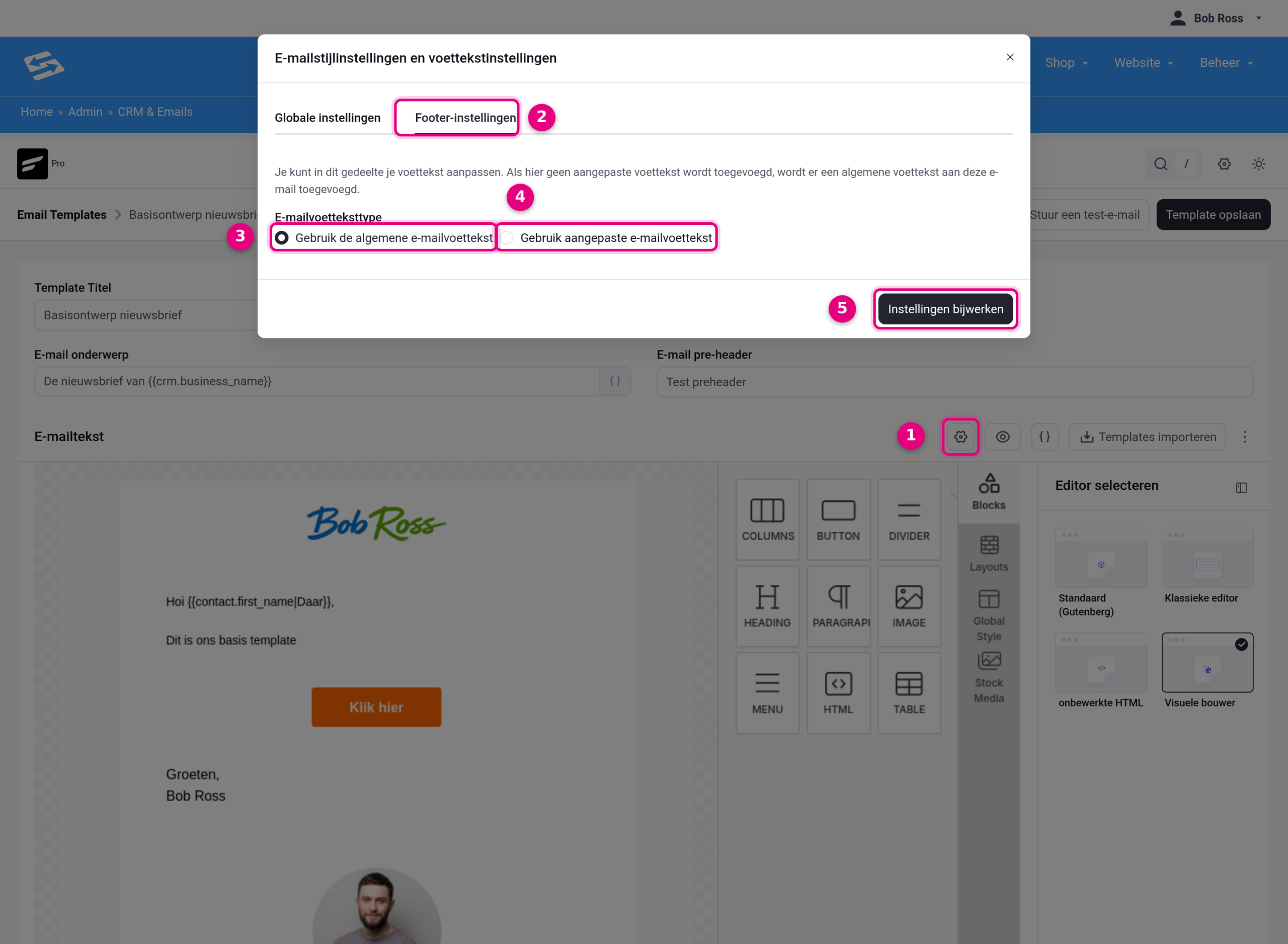 The Email style settings and footer settings window with the Footer settings tab and the Email footer type choice