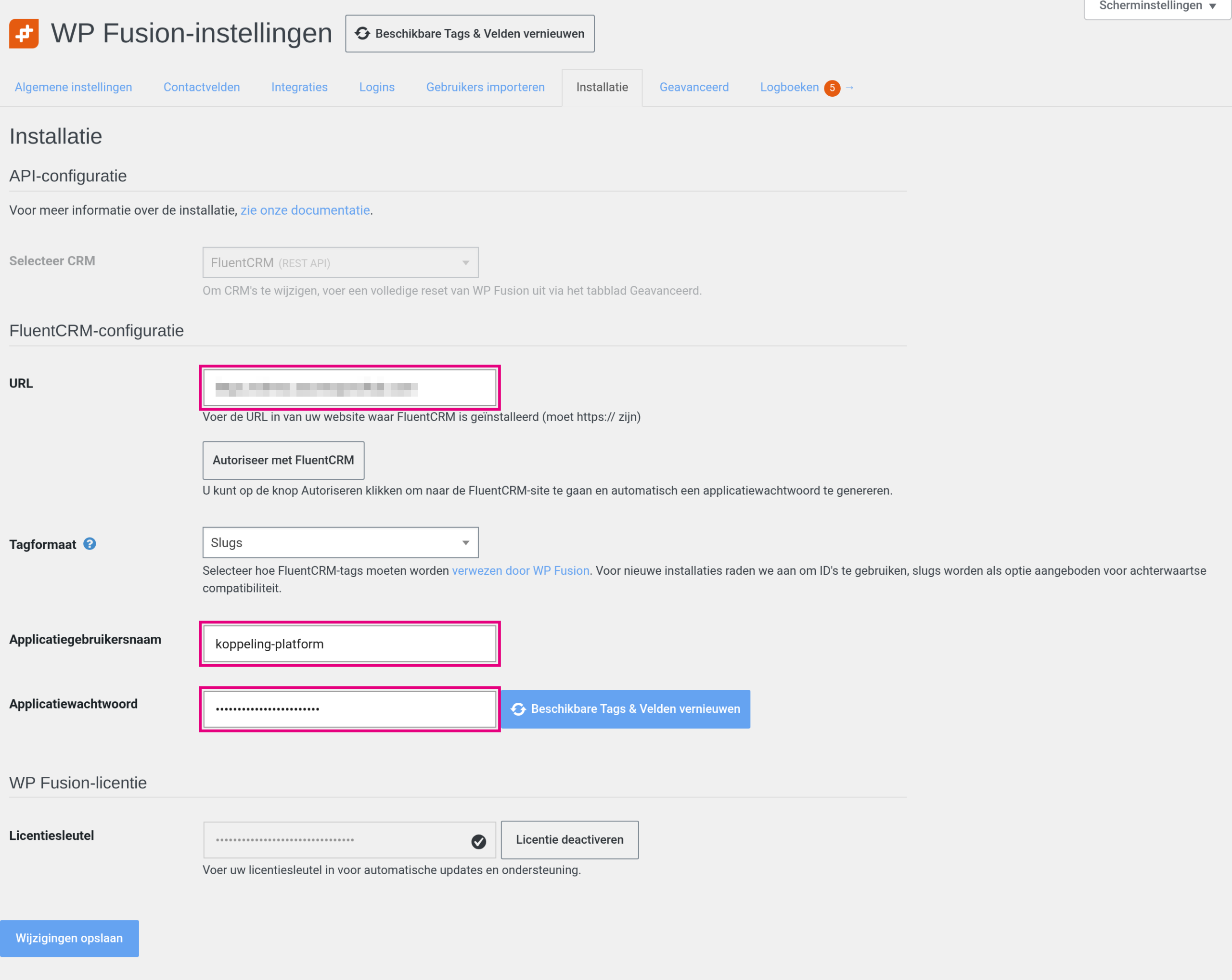 WP Fusion Setup tab with the FluentCRM REST API settings