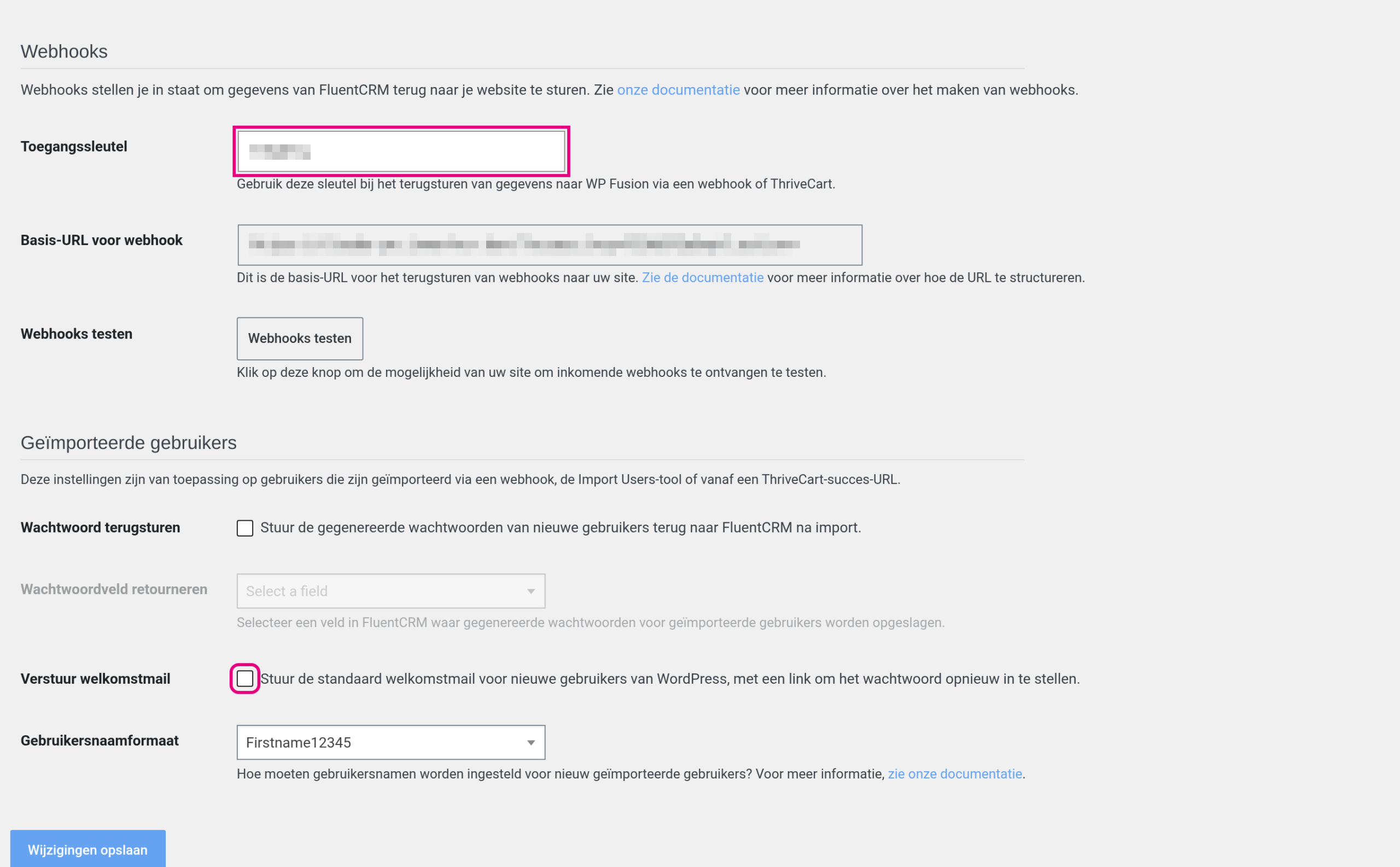 WP Fusion General settings: Webhooks section with the access key