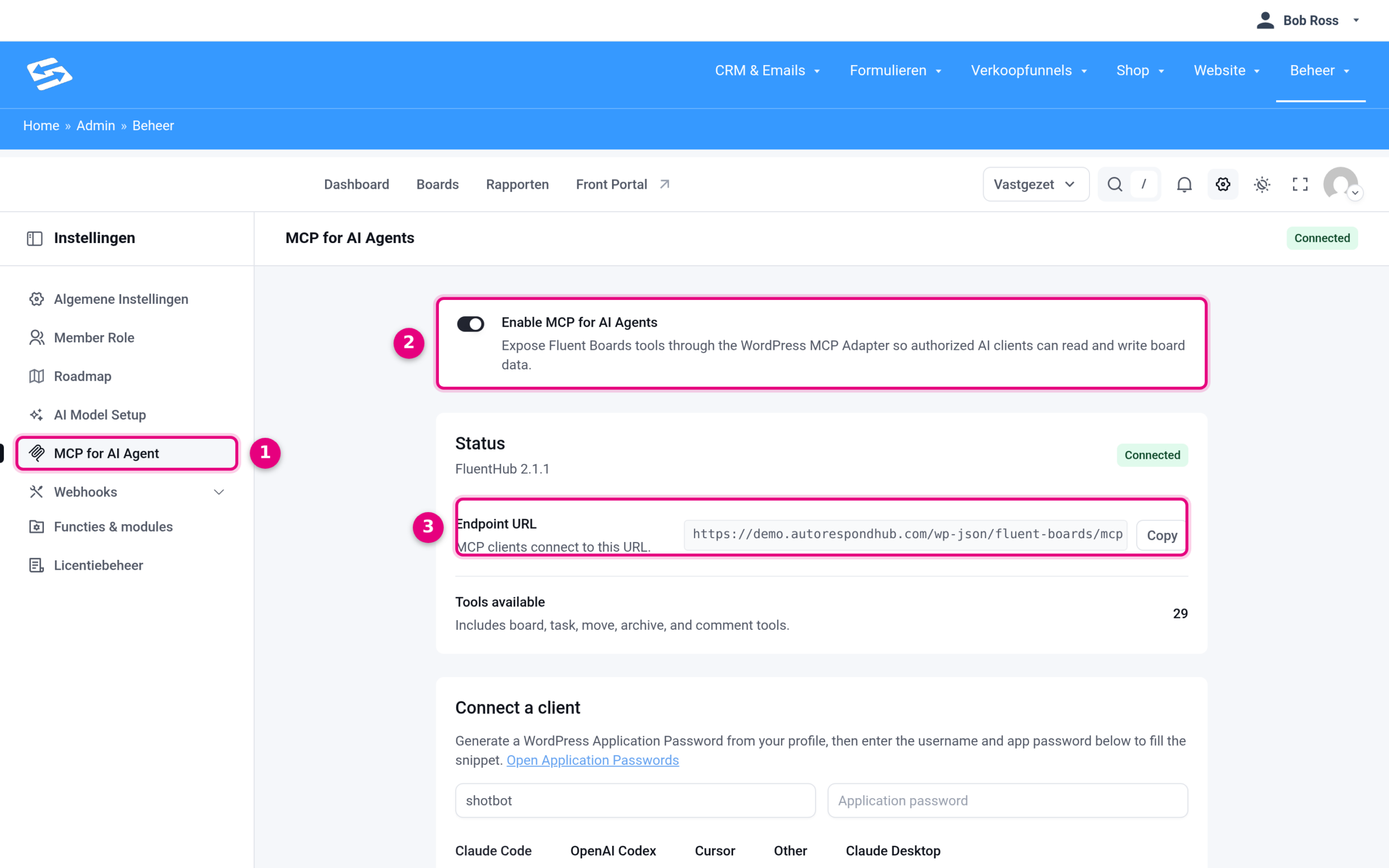 The MCP for AI Agent settings page in FluentBoards with the switch and the endpoint URL