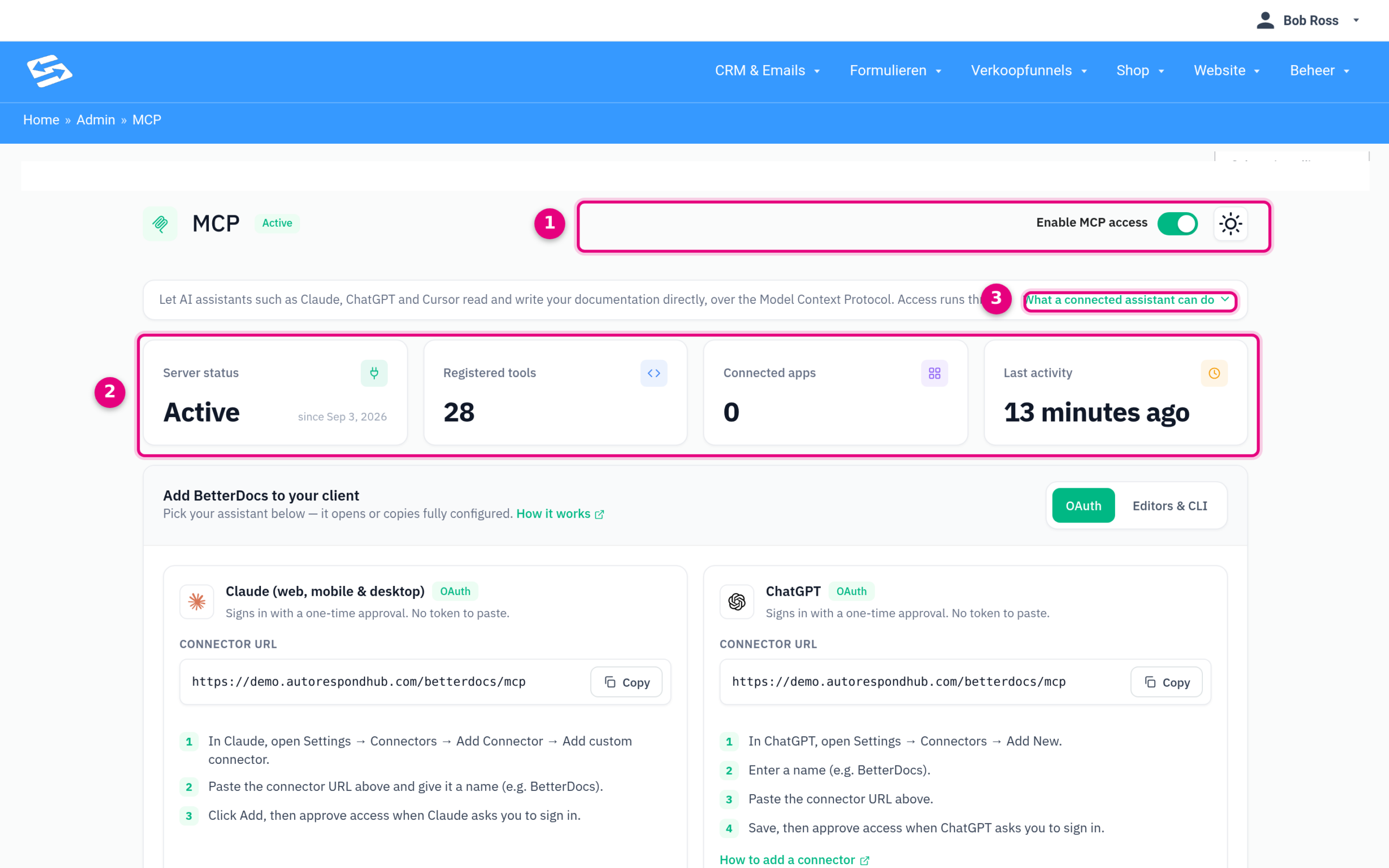 The BetterDocs MCP page with the Enable MCP access switch and the status cards