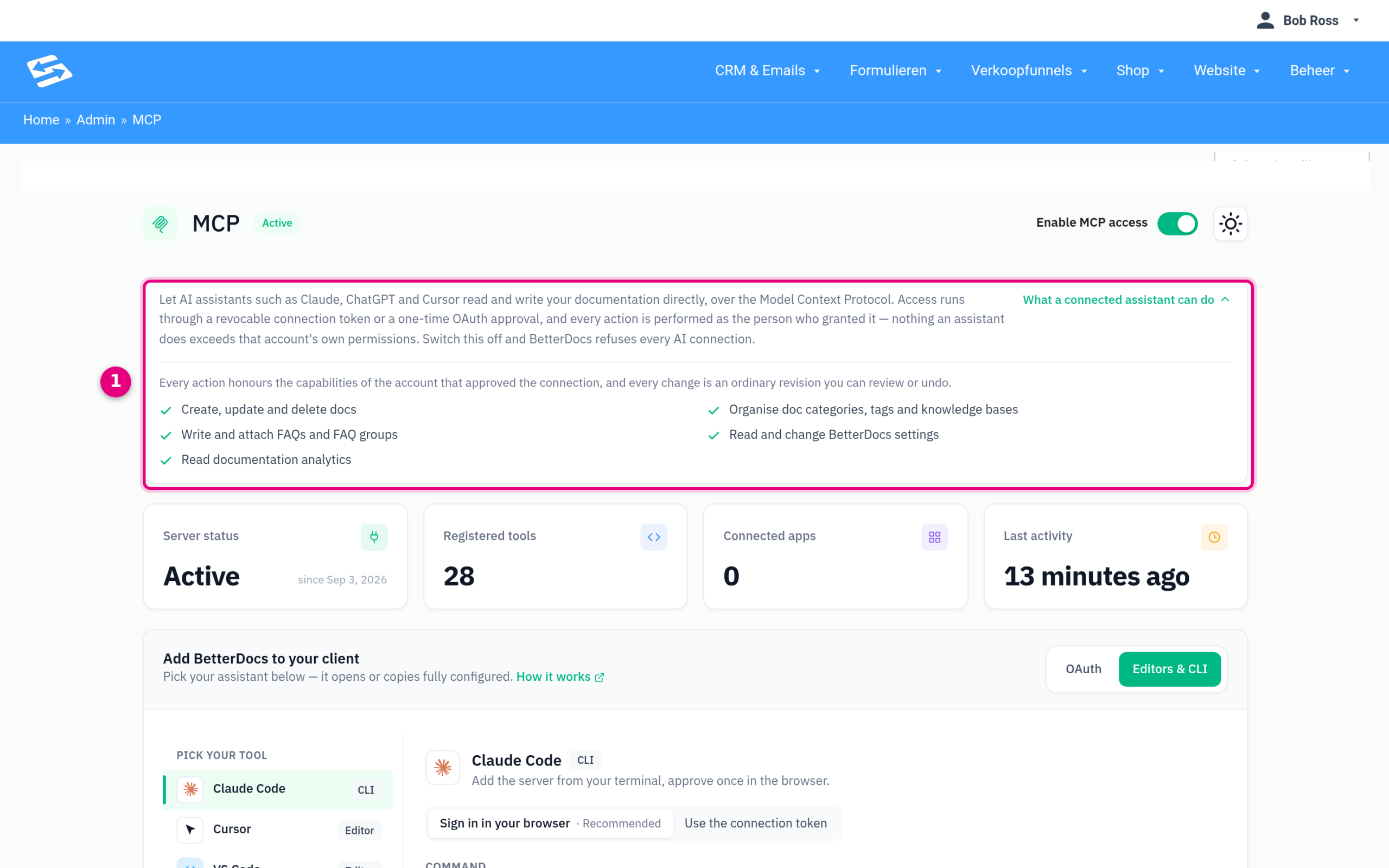 The expandable explanation What a connected assistant can do on the MCP page