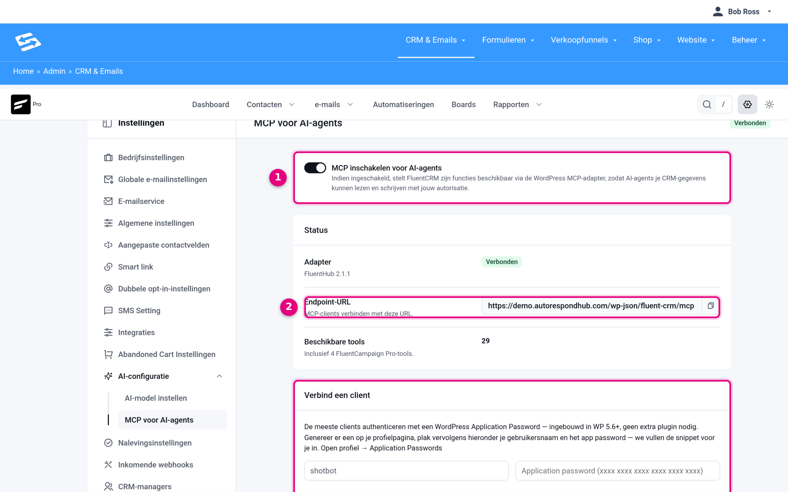 The MCP settings of FluentCRM with the switch, the endpoint URL and the Connect a client section