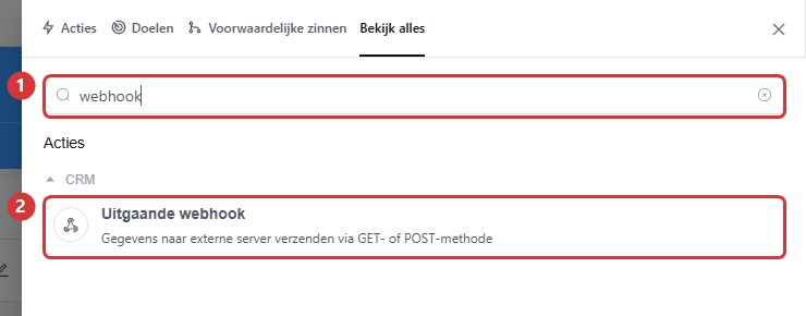 The block picker with the search term webhook (1) and the Outgoing webhook block (2)