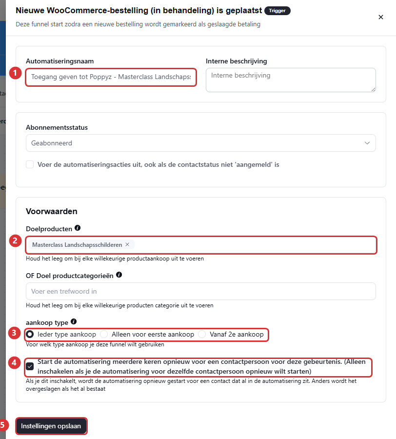 The trigger settings with the automation name (1), the target product (2), the purchase type (3), the repeat tick box (4) and the Save settings button (5)