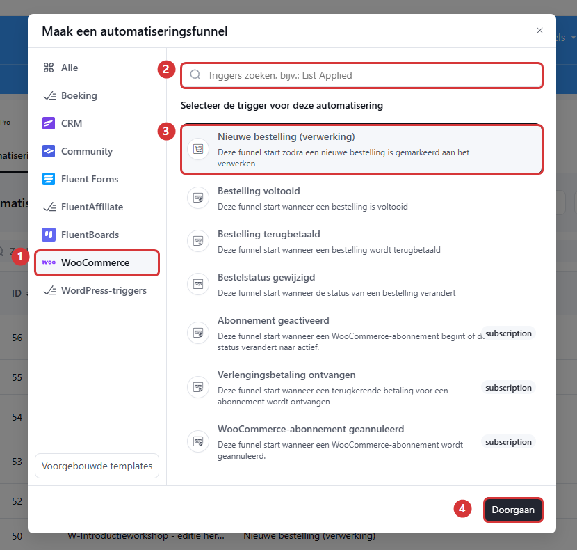 The trigger picker with the WooCommerce category (1), the search field (2), the trigger New order processing (3) and the Continue button (4)