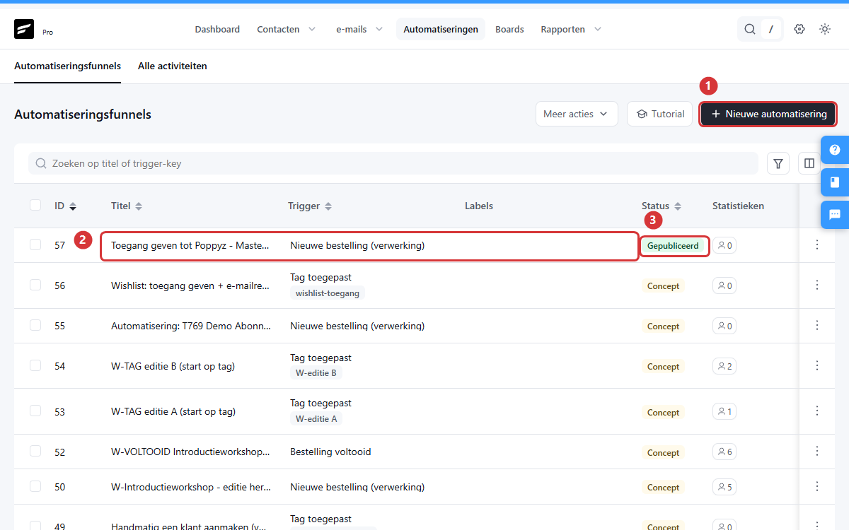The automations overview with the New automation button (1), an automation in the list (2) and the status Published (3)