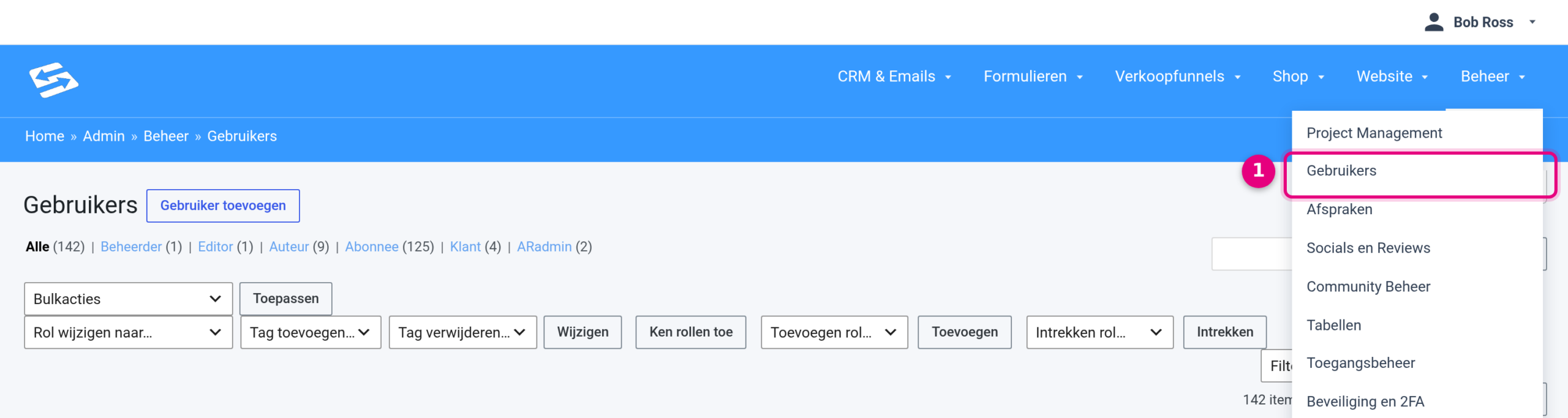 The Administration menu in the top bar with the Users item