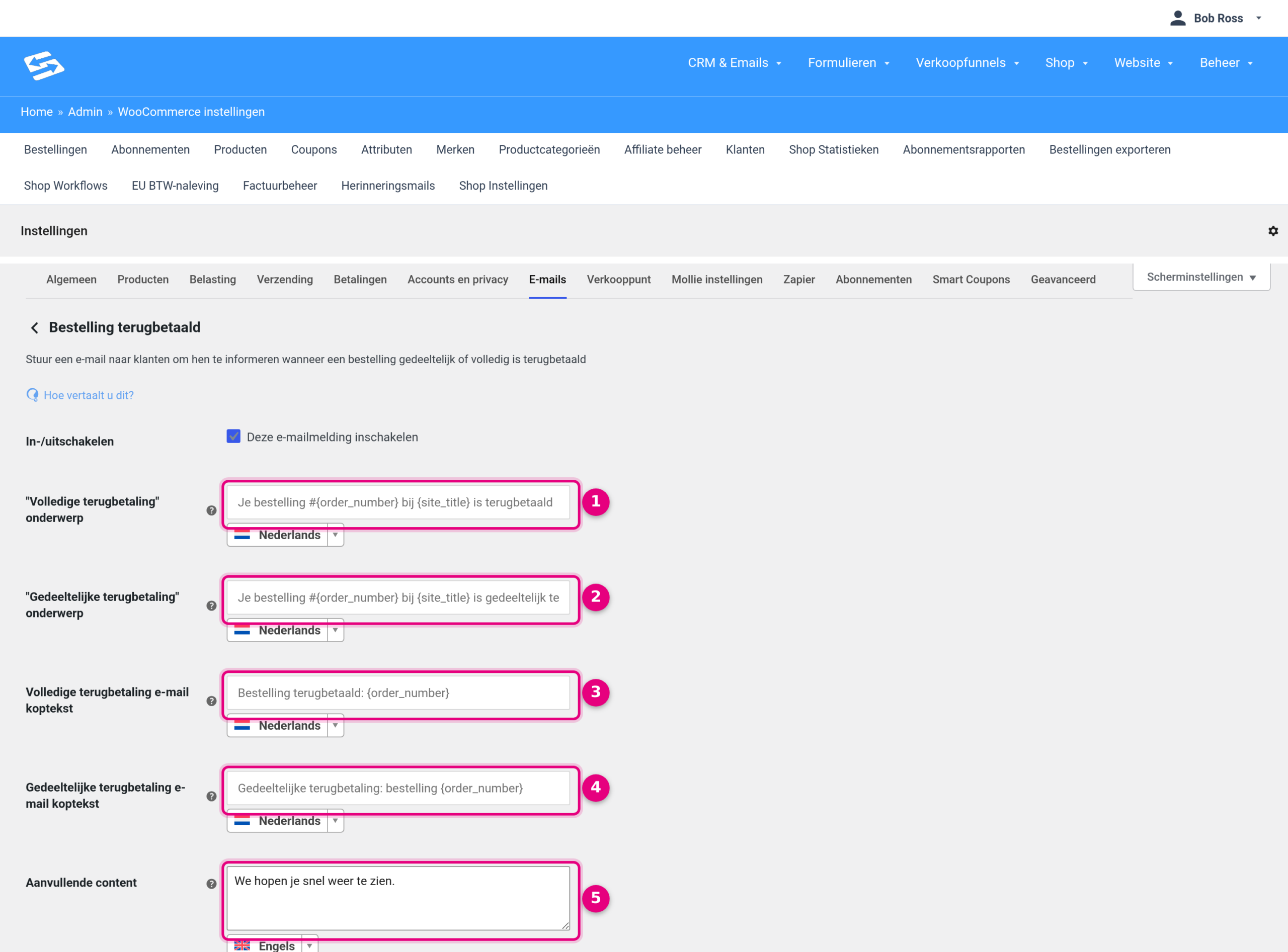 Settings of the Refunded order email with subject and heading