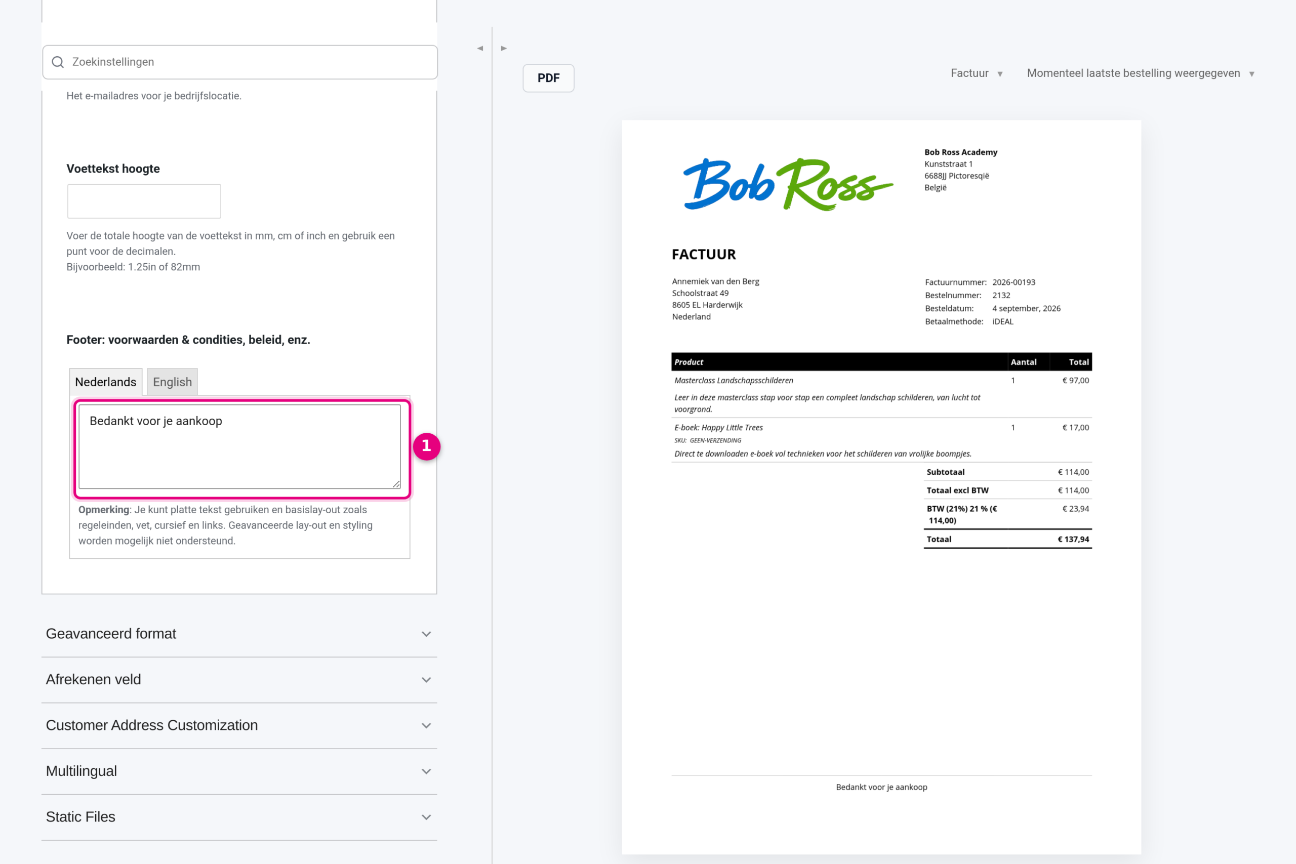 The Footer field on the General tab with the invoice preview