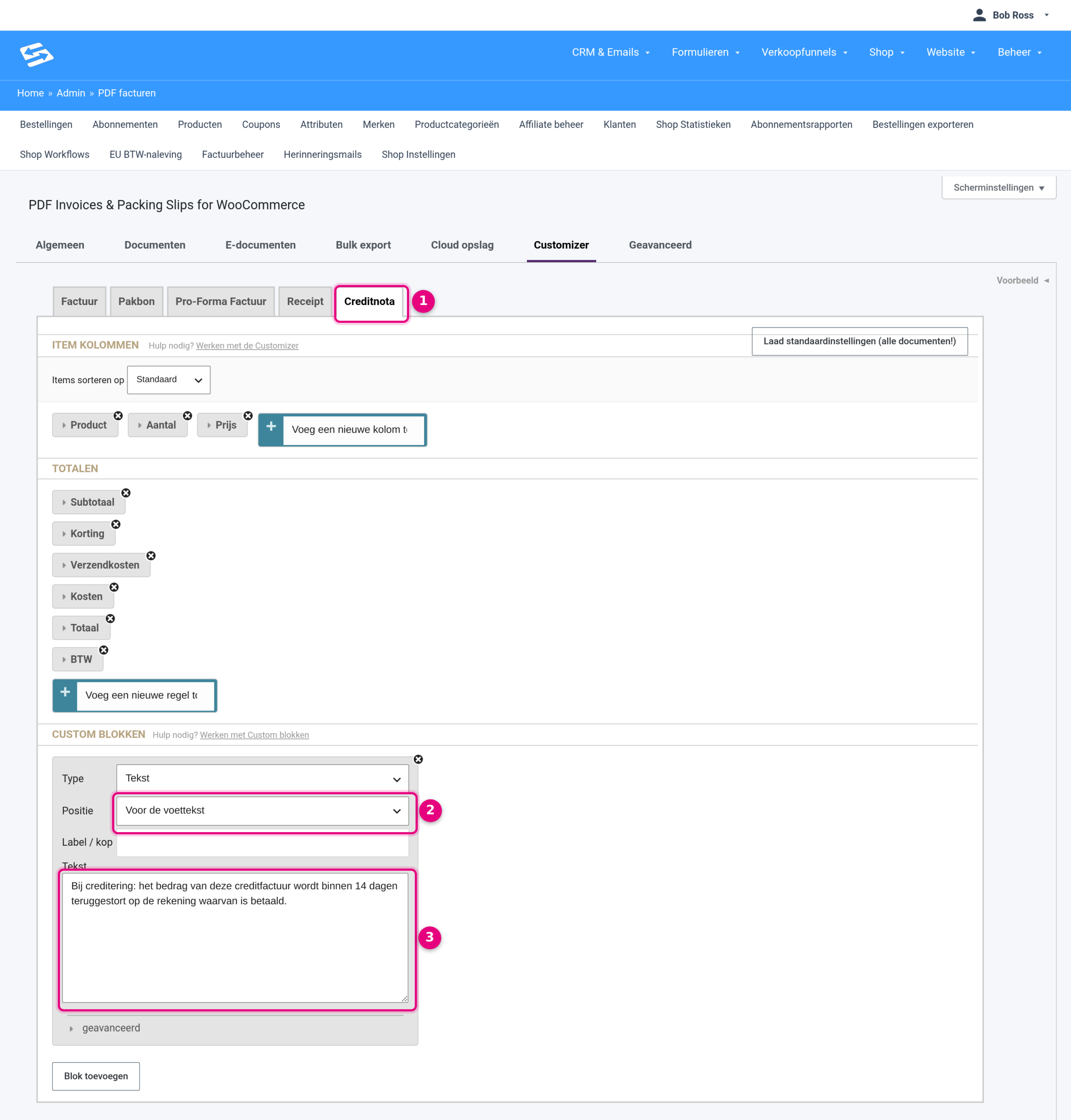A custom text block on the Credit note tab of the Customizer with position Before the footer