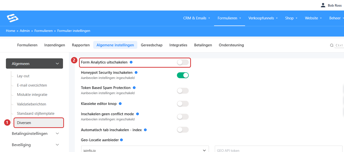 The general settings of Forms with the menu item Miscellaneous (1) and the Disable Form Analytics toggle (2)