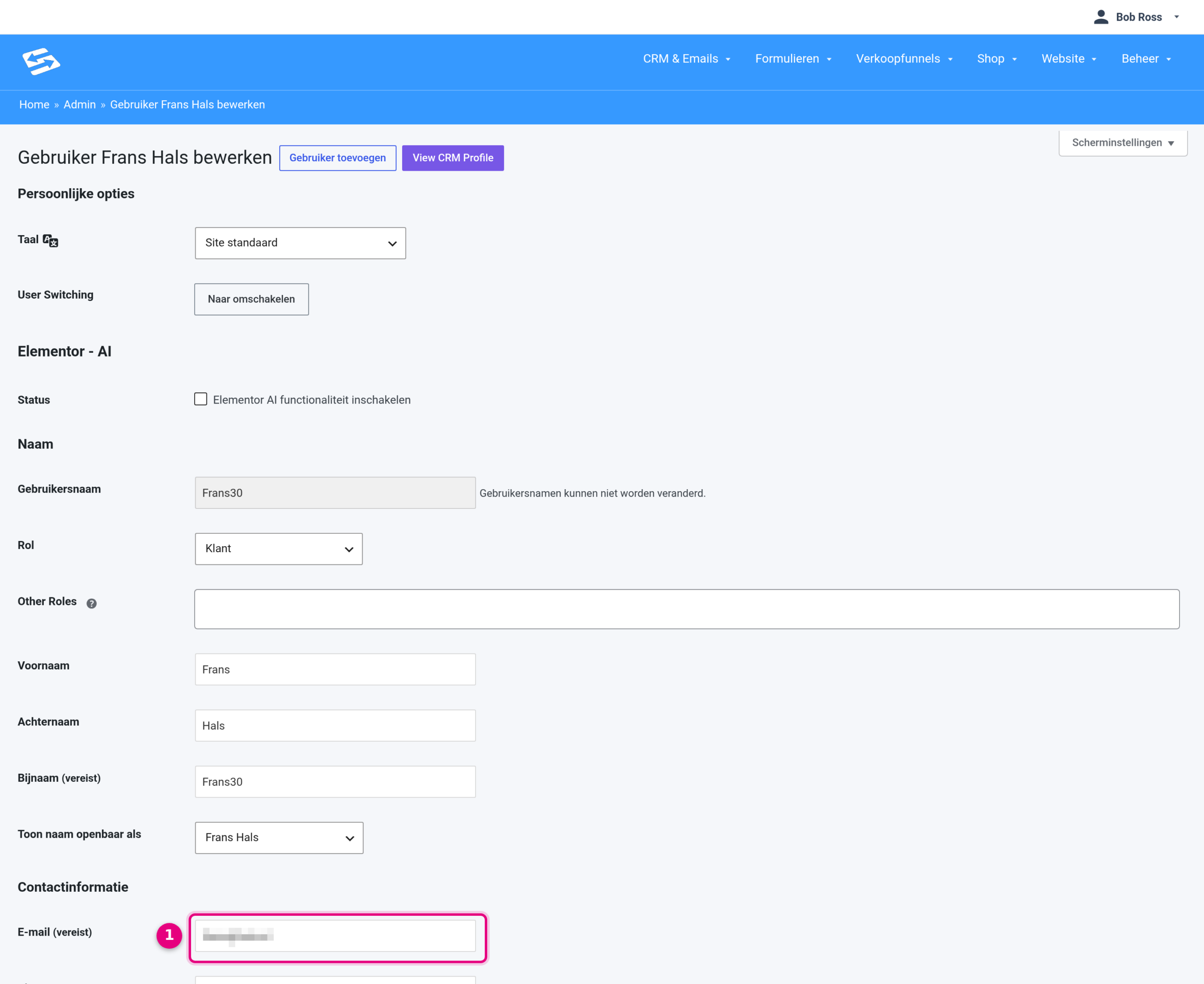 The Edit user screen with the Email field under Contact info