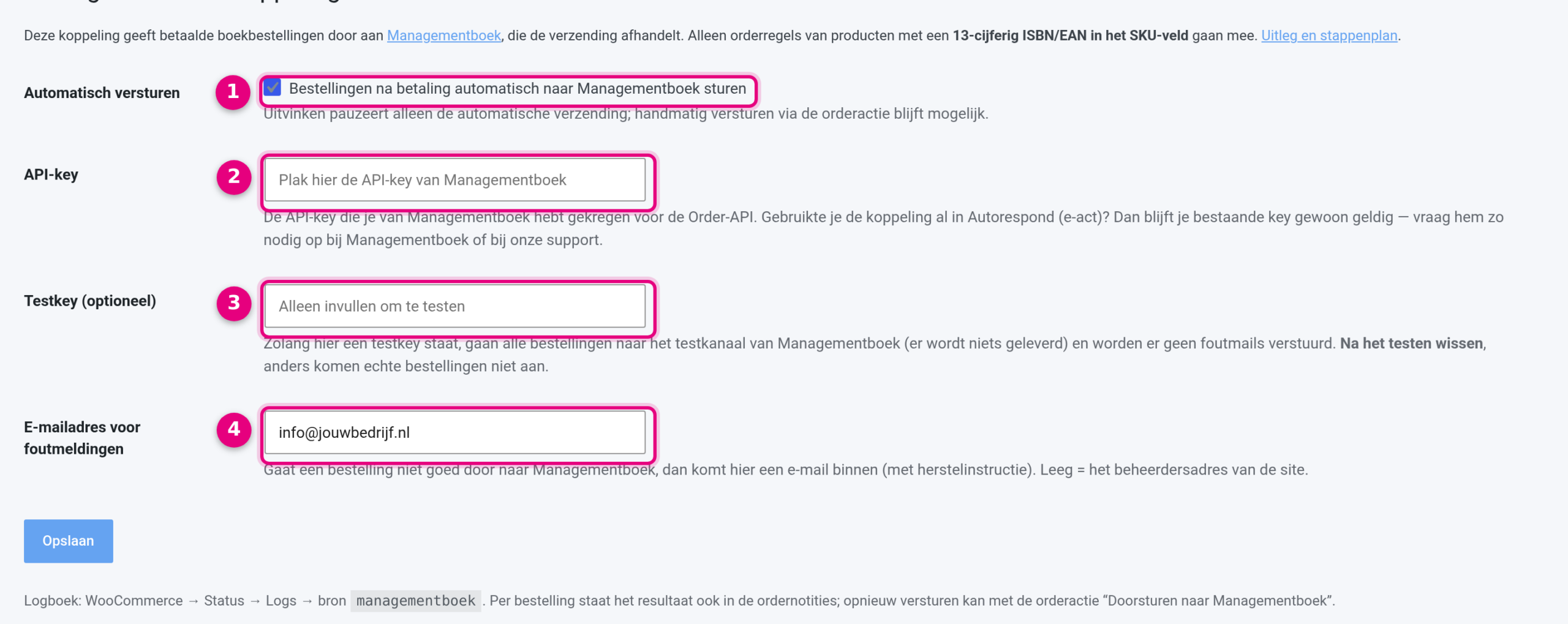 The settings screen of the Managementboek integration