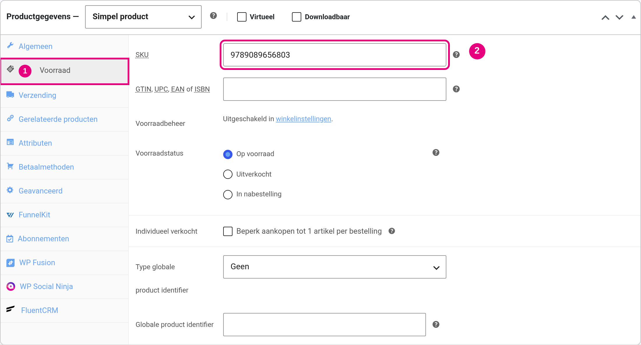 Product data with the ISBN in the SKU field on the Inventory tab