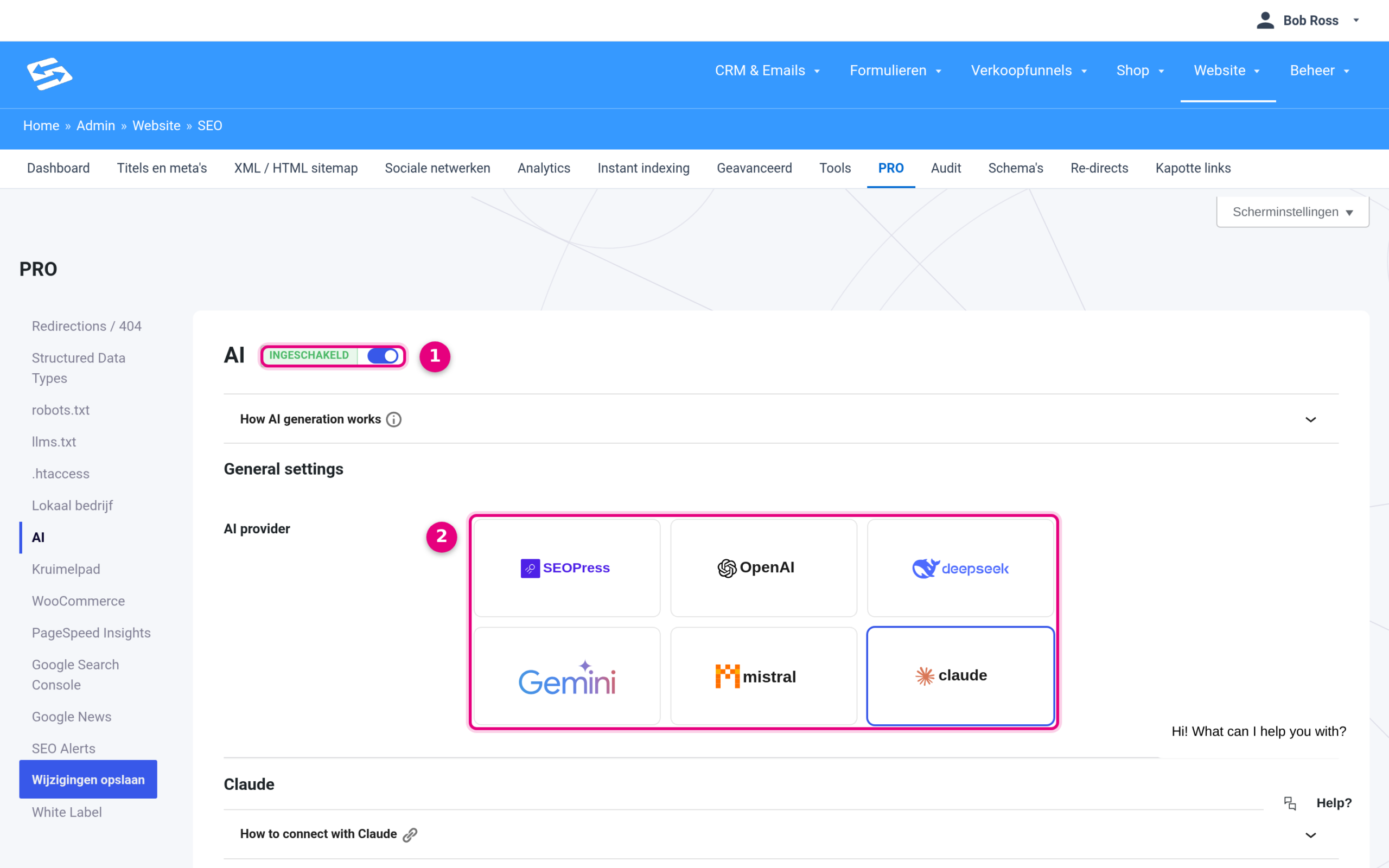 AI settings in SEOPress with the toggle and the choice of AI provider