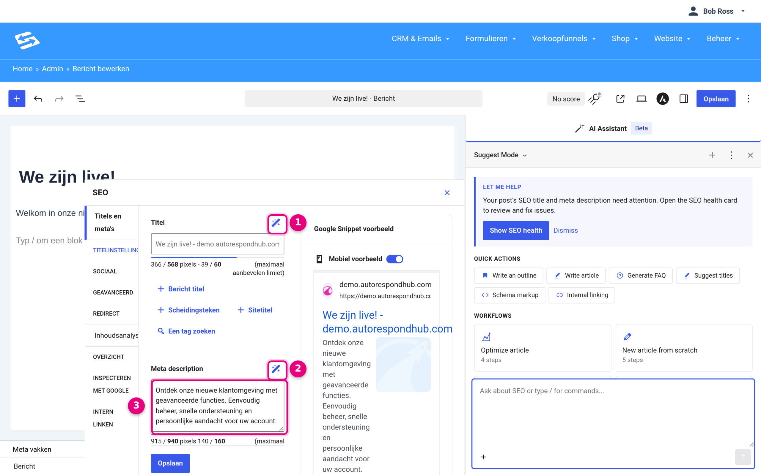 SEO panel in the editor with the AI buttons next to Title and Meta description