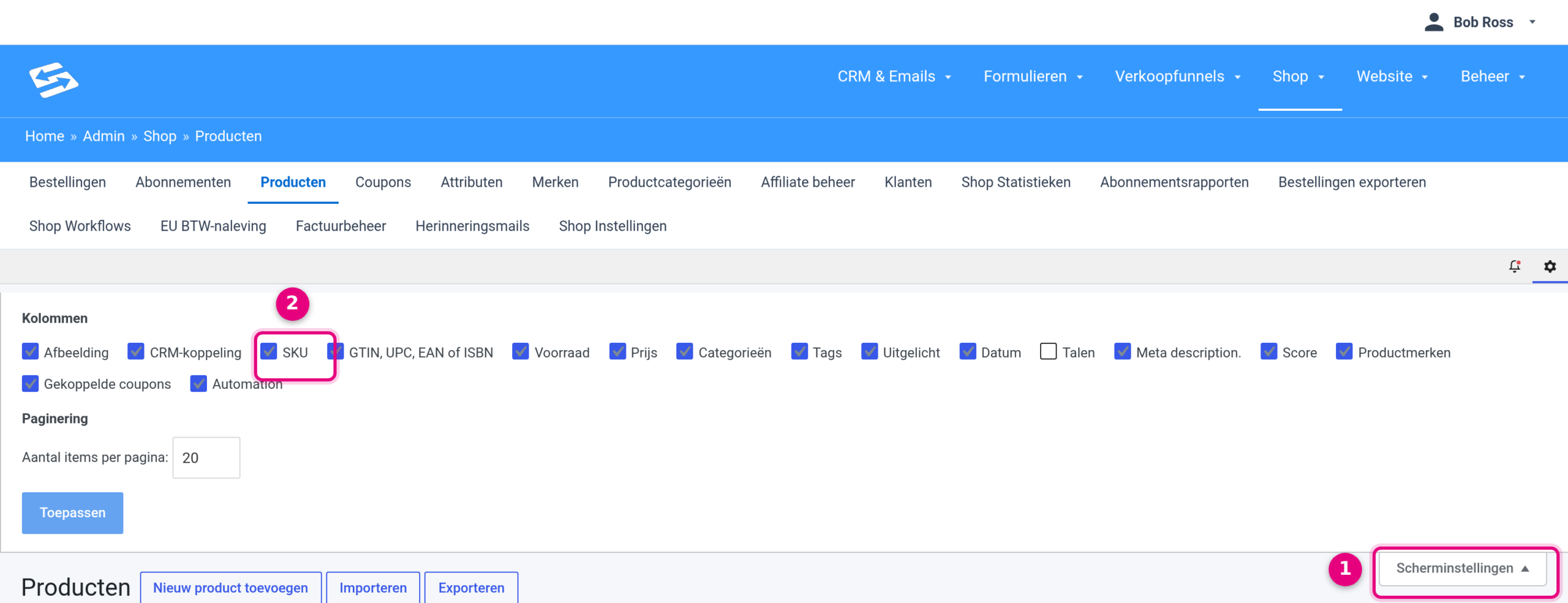 Screen options in the product overview with the SKU column