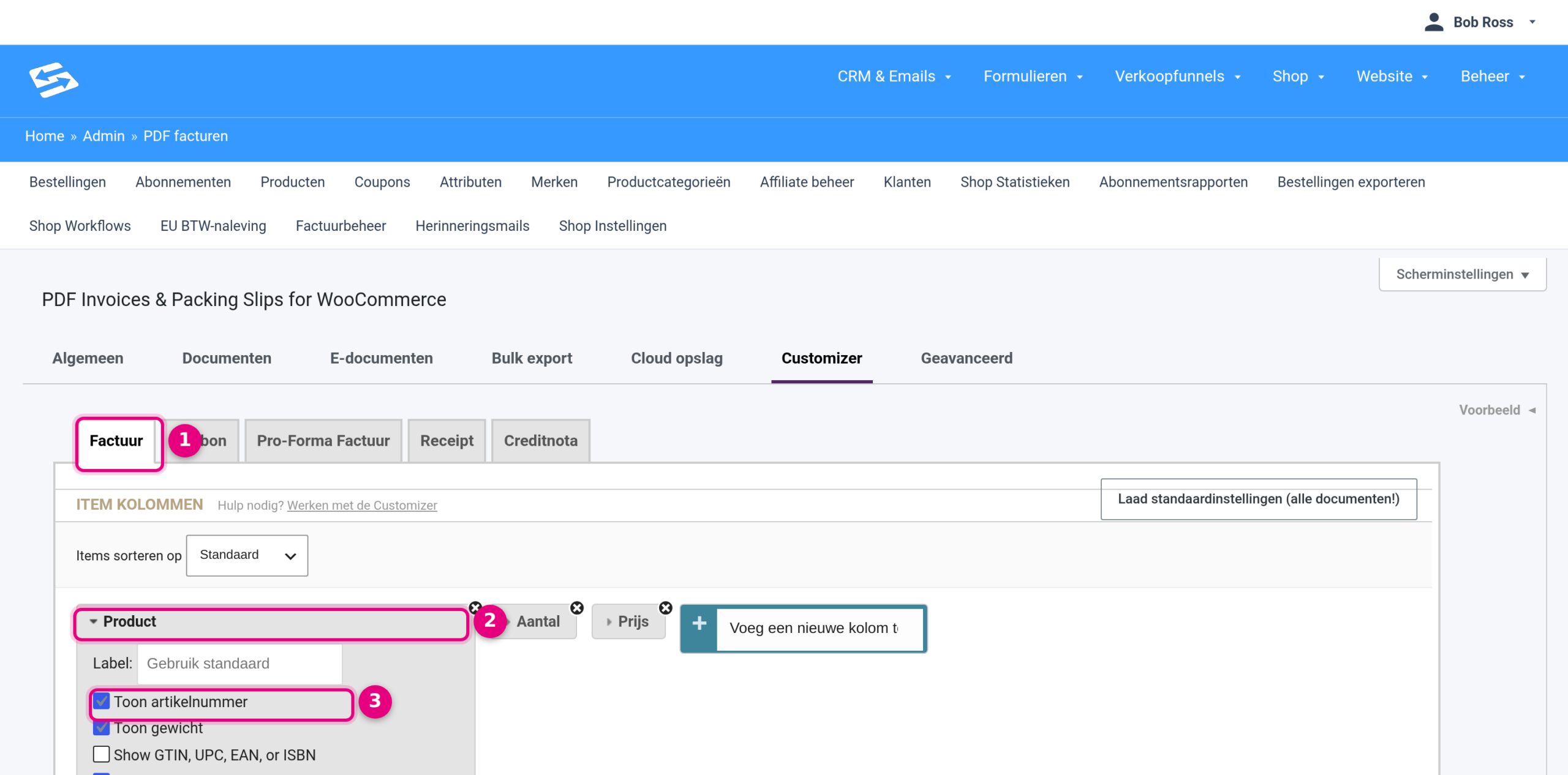 The Product column in the Customizer with the Show SKU checkbox