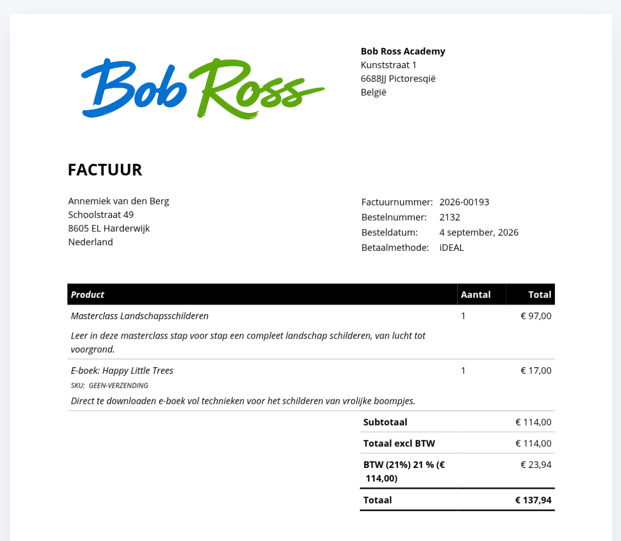 Sample invoice with the line SKU GEEN-VERZENDING under a product