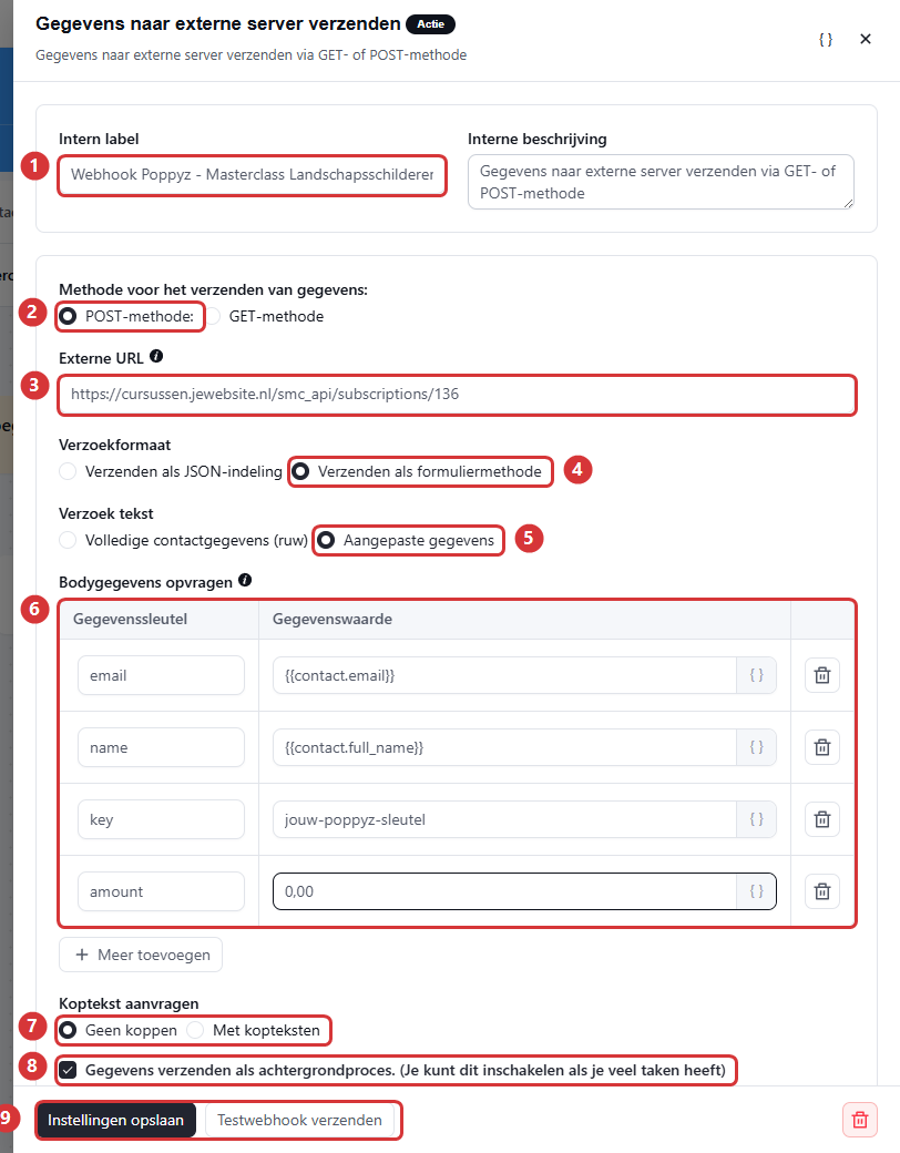 The completed settings screen of the outgoing webhook with the POST method, external URL, form method, custom data and the four body fields