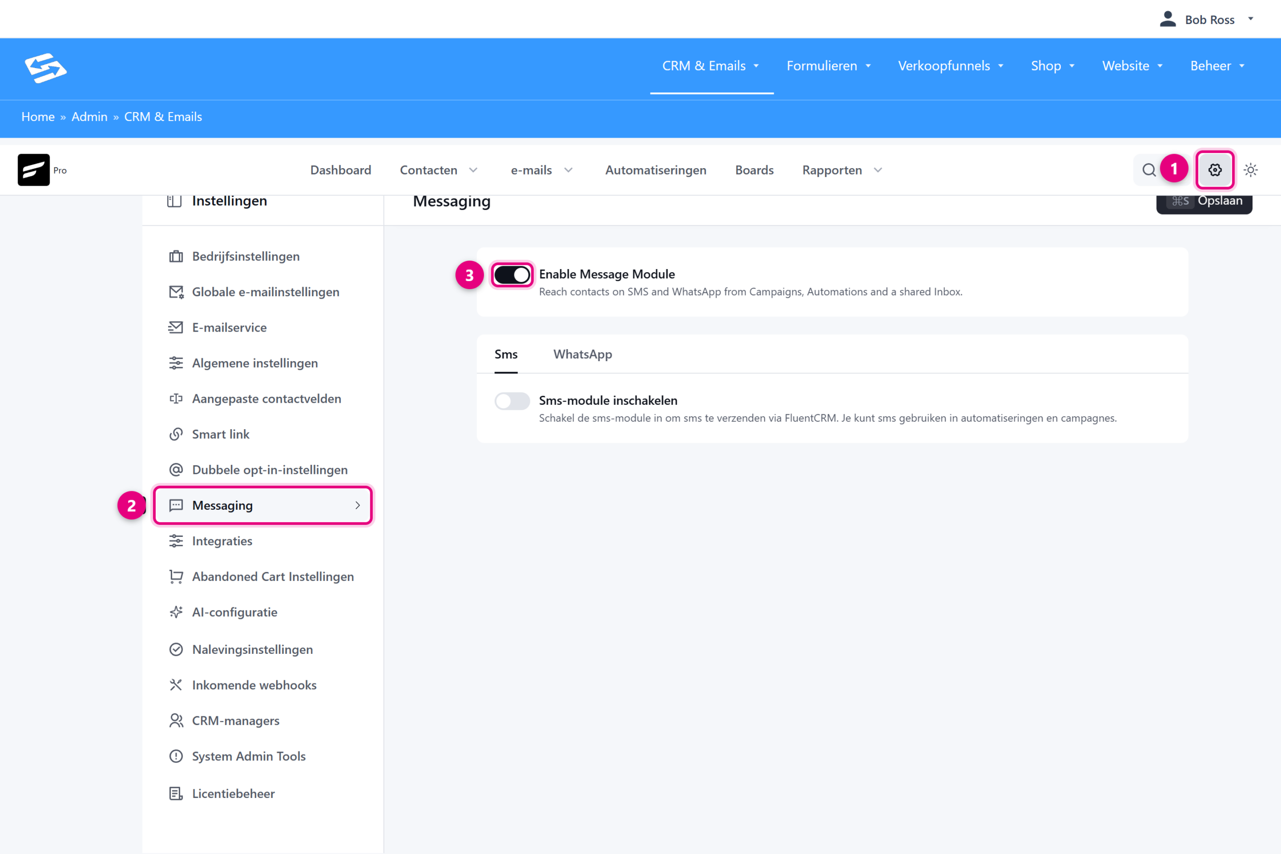 The Messaging settings with the Enable Message Module switch